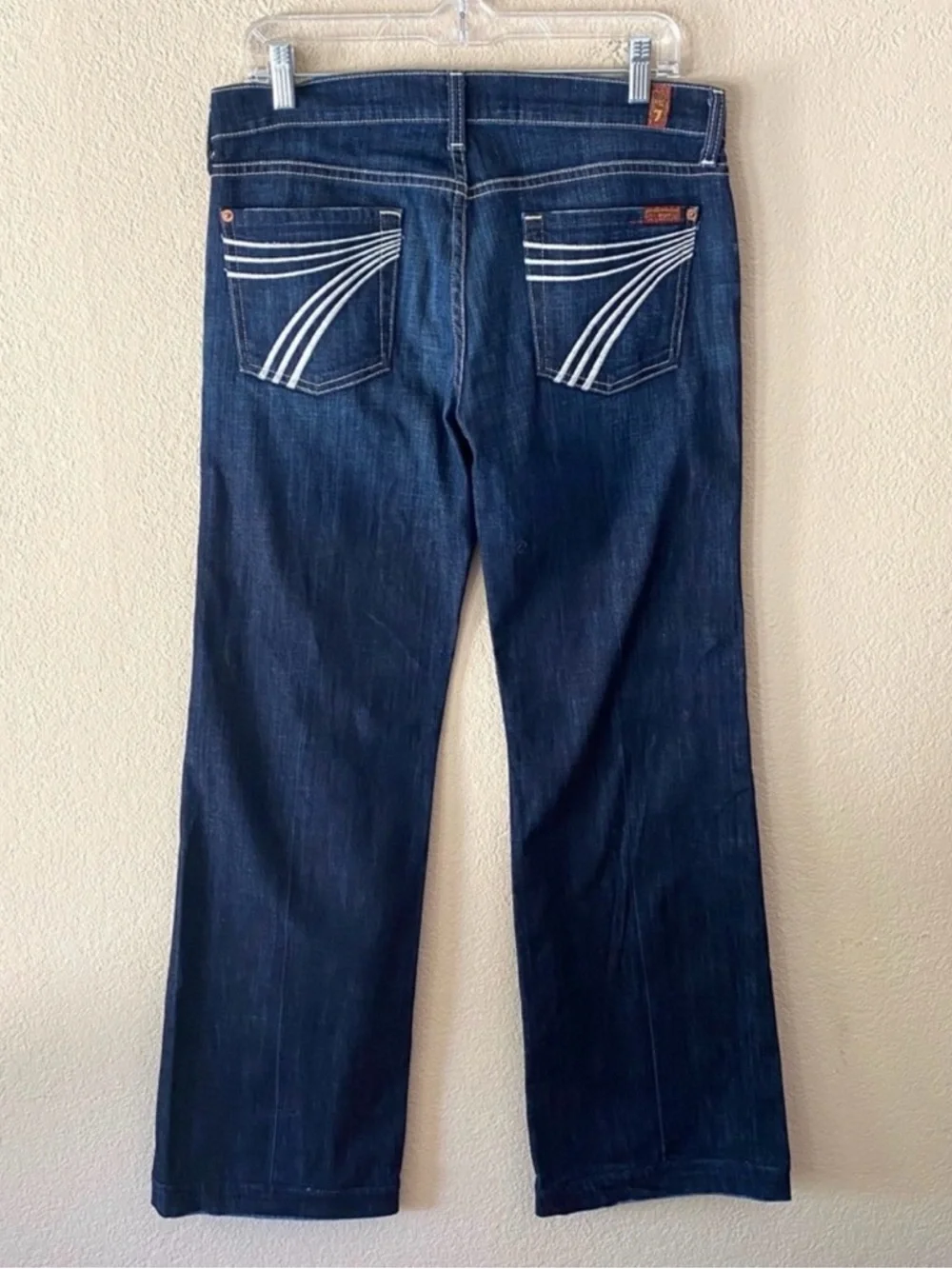 7 For All Mankind Dark Blue Flare Jeans with White Pocket Stitching - Picture 3 of 6